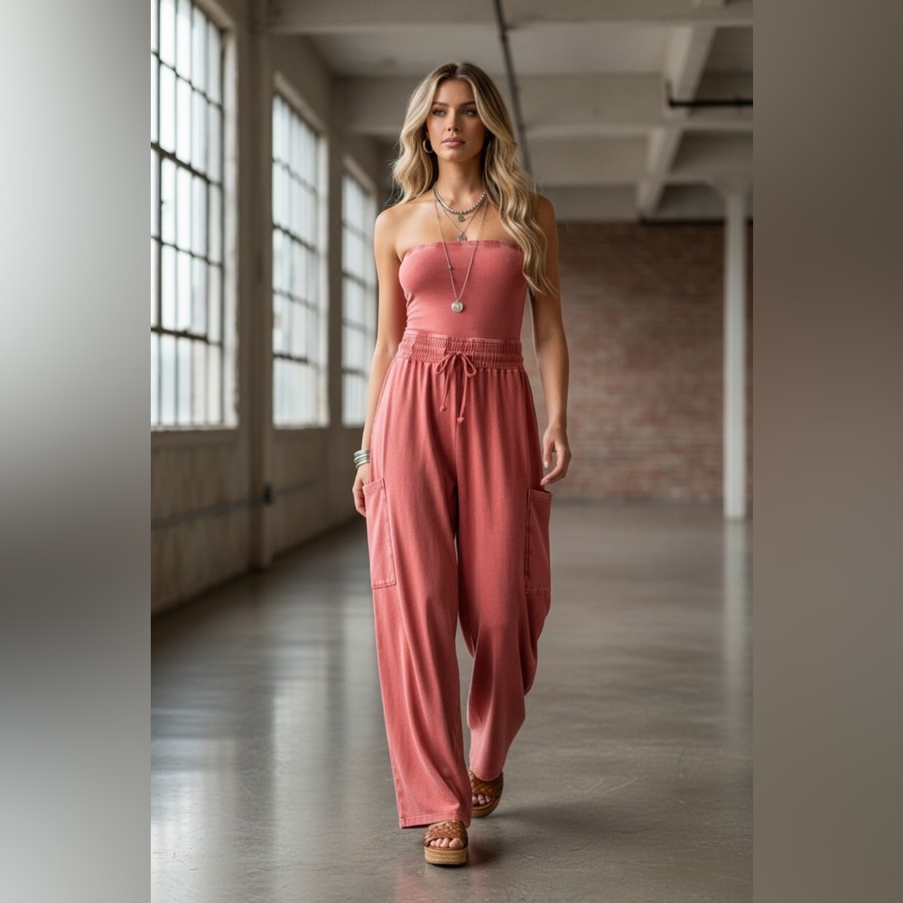 NWT Washed Drawstring Waist Strapless Cargo Pocket Wide Leg Jumpsuit Jumper - Picture 7 of 7